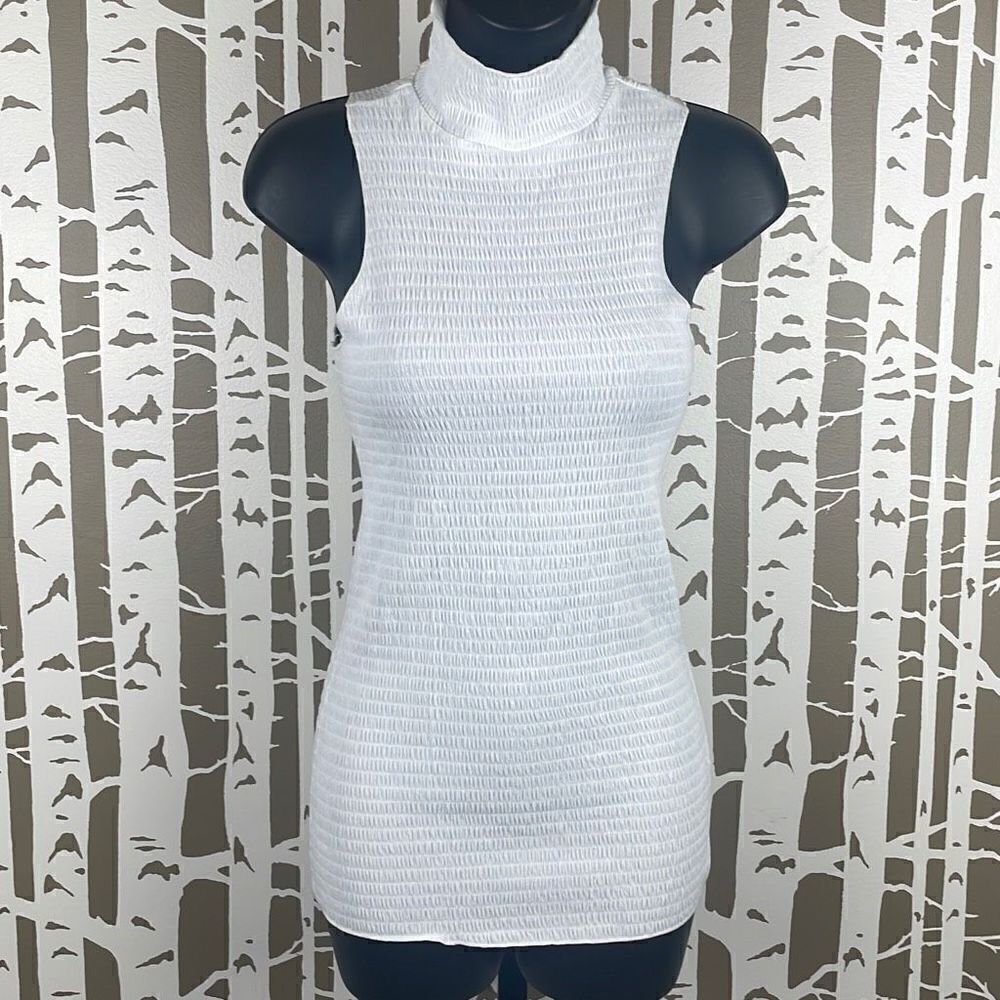 Smocked Sleeveless Mock Neck Longline Top XS White